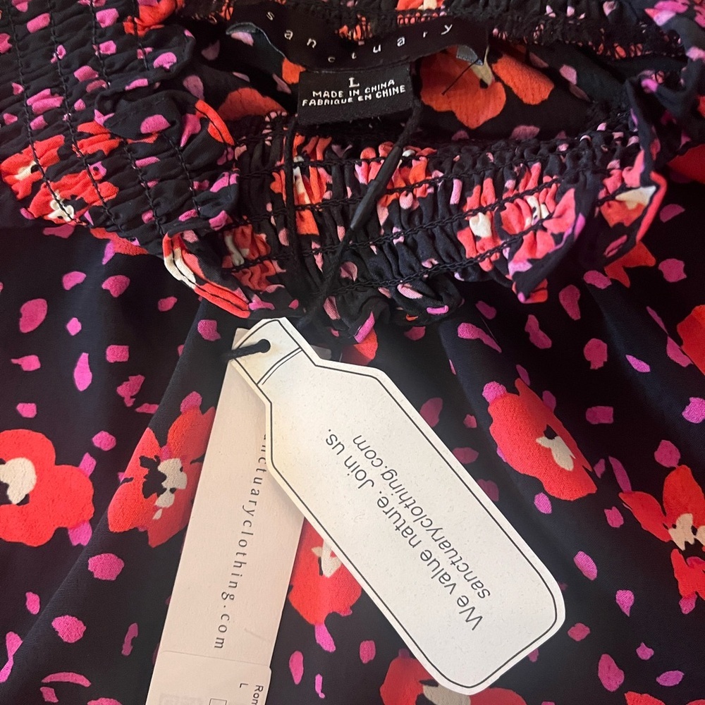 NWT Sanctuary Smocked Neck Floral Long-Sleeve Top - Blk & red Size L - Picture 2 of 3